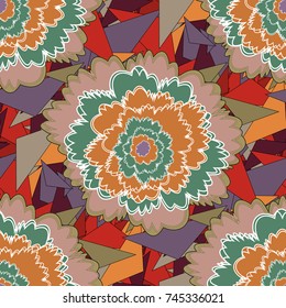 Tile for wallpaper or fabric. Seamless pattern with plaid. Checkered vector seamless pattern with grunge texture and abstract green, brown and orange flowers.