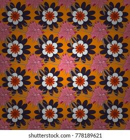 Tile for wallpaper or fabric. Seamless pattern with plaid. Checkered vector seamless pattern with grunge texture and abstract orange, gray and pink flowers.