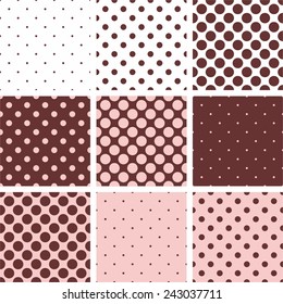 Tile white, pink and brown vector pattern set with polka dots
