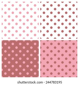 Tile white, pink and brown vector pattern set with polka dots
