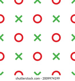 Tile X O Noughts And Crosses Red And Green Vector Pattern. X O On White Background Seamless Pattern.