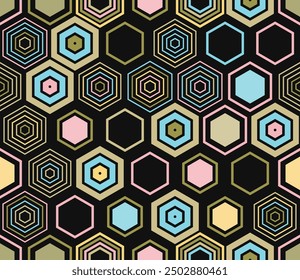 Tileabe mosaic background. Geometric elements of varied style and color. Large hexagon shapes. Tileable pattern. Seamless background. Awesome vector illustration.