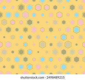 Tileabe mosaic background. Multicolored geometric elements of varied size. Hexagon mosaic cells with padding and inner solid cells. Hexagonal shapes. Tileable pattern. Seamless vector illustration.