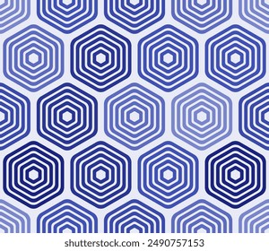 Tileable abstract background with bold rounded stacked hexagons in a mosaic pattern. Features blue color tones and a seamless design.