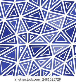 Tileable abstract background. Large triangle size. Solid shapes in frames. Mono tone style. Repeatable pattern. Trending vector tiles. Blue gradient blend. Seamless vector illustration.