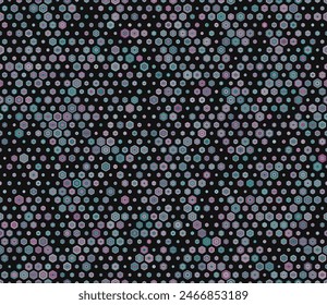 Tileable abstract background. Multicolored geometric elements of varied size. Rounded stacked hexagons mosaic pattern. Regular hexagon shapes. Tileable pattern. Seamless vector illustration.