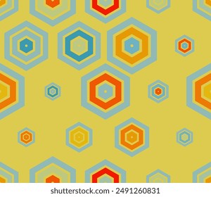 Tileable abstract background. Multicolored geometric elements of varied size. Plain hexagon frames. Large hexagons. Tileable pattern. Seamless vector illustration.