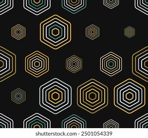 Tileable abstract background. Multicolored geometric elements of varied size. Rounded stacked hexagons mosaic cells. Large hexagons. Tileable pattern. Seamless vector illustration.