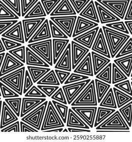 Tileable abstract background. Multiple repeated inner triangles. Large triangles size. Black and white style. Seamless pattern. Trending vector tiles. Amazing vector illustration.