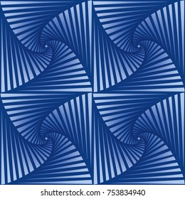 Tileable art quadrangle salient shape optical illusion op volumetric trickery form tracery template. Blue and cobalt tile creative recurring concave zig zag whirlpool torsion fan blades grid backdrop