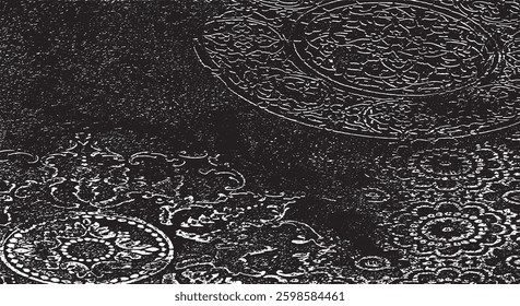 Tileable black and white pattern. Broken plaster wall effect. Grunge worn damask texture design. Distressed fabric texture. Overlay texture design. Vector illustration. Eps10.