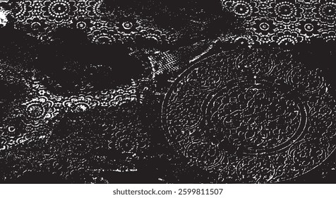 Tileable black and white pattern. Broken plaster wall effect. Grunge worn damask texture design. Distressed fabric texture. Overlay texture design. Vector illustration. Eps10.