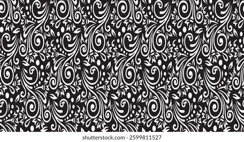 Tileable black and white pattern. Broken plaster wall effect. Grunge worn damask texture design. Distressed fabric texture. Overlay texture design. Vector illustration. Eps10.
