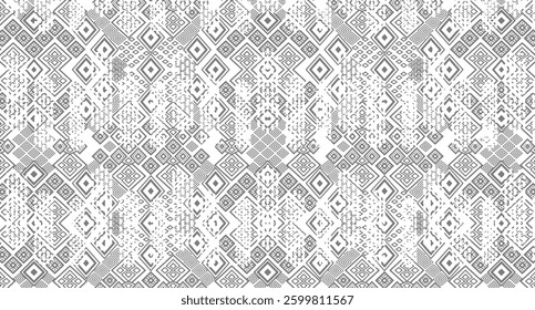 Tileable black and white pattern. Broken plaster wall effect. Grunge worn damask texture design. Distressed fabric texture. Overlay texture design. Vector illustration. Eps10.