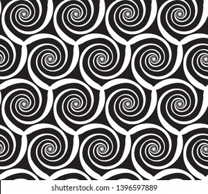 Tileable creative sinuous warp op twisty shape tracery light beige color with dark olive curvy bent stripes. Retro art billowy curvy wavelike form meander winding style distorted template fond