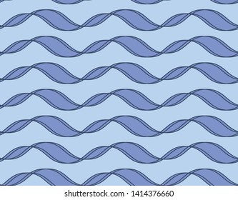 Tileable endless wavelike sinuous shape light navy color squiggly thin bent stripes on cyan wallpaper. Billowy curvy form template in art retro style. Macromolecule clone code sign