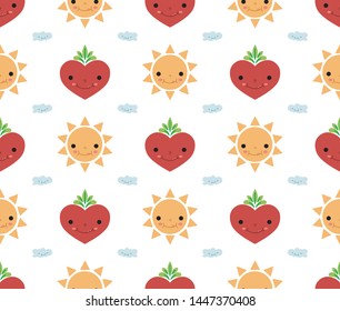 tileable fun seamless pattern vector digital paper of colorful vector doodles sun hearts clouds with happy faces to be used in textile print digital wallpaper texture scrapbook crafting trendy project