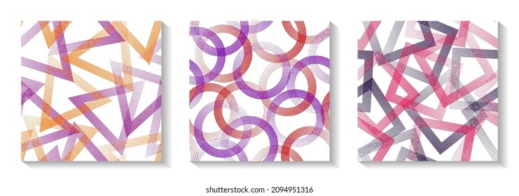 Tileable geometric patterns set with shapes of dots. Round rings with dots texture, square rhombus of points, halftone pixels triangles backgrounds trendy vector collection. Fashion ornaments.
