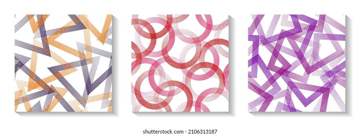 Tileable geometric patterns set with shapes of dots. Circle rings with dots texture, square of points, halftone pixels triangles backgrounds cute vector collection. Wallpaper prints.