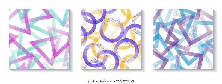 Tileable geometric patterns set with shapes of dots. Circles with dots texture, square rhombus of points, halftone pixels triangles backgrounds modern vector collection. Textile ornaments.