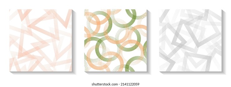 Tileable geometric patterns set with shapes of dots. Circle rings with dots texture, square of points, halftone pixels triangles backgrounds cute vector collection. Textile ornaments.