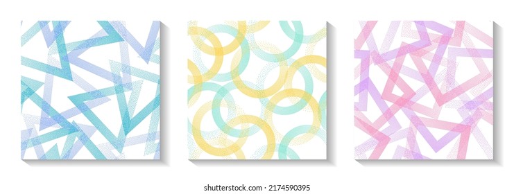 Tileable geometric patterns set with shapes of dots. Circle rings with dots texture, square of points, halftone pixels triangles backgrounds multicolor vector collection. Distortion ornaments.