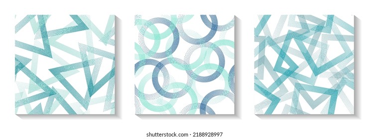 Tileable geometric patterns set with shapes of dots. Circle rings with dots texture, rhombus of points, halftone pixels triangles backgrounds funky vector collection. Perforated ornaments.