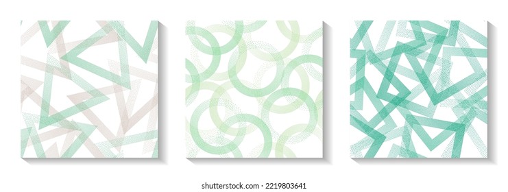 Tileable geometric patterns set with shapes of dots. Circle rings with dots texture, rhombus of points, halftone pixels triangles backgrounds ethnic vector collection. Perforated ornaments.