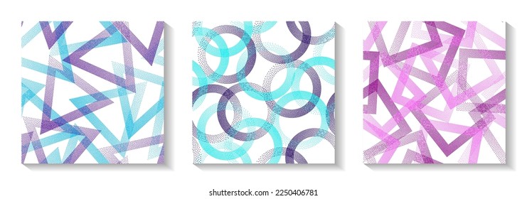 Tileable geometric patterns set with shapes of dots. Circles with dots texture, square rhombus of points, halftone pixels triangles backgrounds abstract vector collection. Fabric prints.