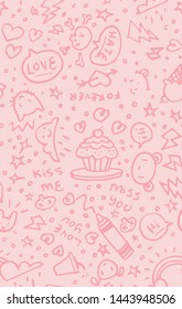 tileable happy fun seamless pattern vector digital paper of hand drawn sketch college doodles like rainbows skulls hearts clouds in color pink to be used in textile print digital wallpaper texture