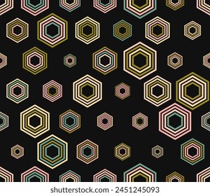 Tileable hexagon background. Multicolored geometric elements of varied size. Stacked hexagon bold mosaic cell. Large honeycomb cells. Tileable pattern. Seamless vector illustration.