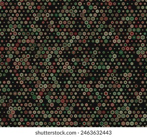 Tileable hexagon background. Multicolored geometric elements of varied size. Bold stacked rounded hexagons mosaic cells. Regular hexagon shapes. Tileable pattern. Seamless vector illustration.