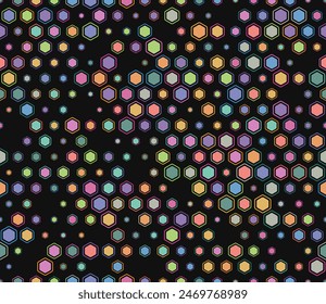 Tileable hexagon background. Multicolored geometric elements of varied size. Bold rounded hexagons mosaic pattern with inner solid cells. Honeycomb geometric shapes. Tileable pattern.