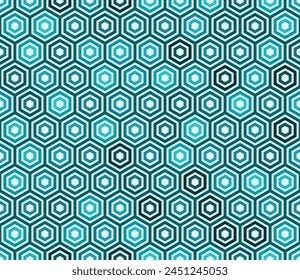 Tileable Hexagon Pattern. Cyan color tones gradients. Plain hexagon frames. Hexagonal shapes. Seamless pattern. Tileable vector illustration.
