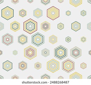 Tileable Hexagon Pattern. Multicolored geometric elements of varied size. Hexagon stacked mosaic cells. Large honeycomb cells. Tileable pattern. Seamless vector illustration.