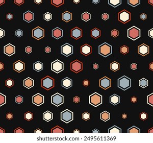 Tileable hexagon pattern. Multicolored geometric elements of varied size. Hexagon bold mosaic cell with padding and inner solid cells. Honeycomb cells. Tileable pattern. Seamless vector illustration.