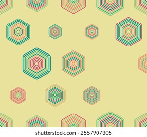 Tileable hexagon pattern. Multicolored geometric elements of varied size. Rounded stacked hexagons mosaic pattern. Large hexagons. Tileable design. Seamless vector illustration.