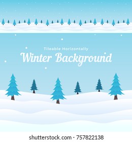 Tileable Horizontal Winter Background with Snowy Ground and Cold Blue Christmas Tree for Game, Banner, Poster, Cover Template.