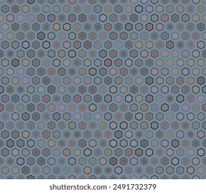 Tileable mosaic background. Hexagon bold mosaic cell with padding and inner solid cells. Hexagon geometric shapes. Multiple tones color palette. Seamless pattern. Tileable vector illustration.