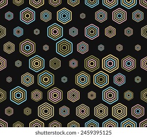 Tileable mosaic background. Multicolored geometric elements of varied size. Bold stacked rounded hexagons mosaic cells. Honeycomb cells. Tileable pattern. Seamless vector illustration.