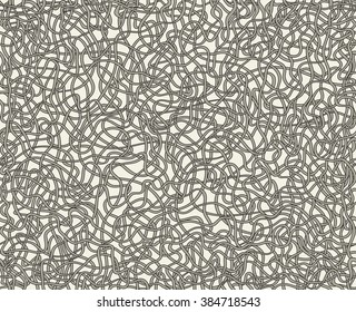 Tileable recurring confuse op twisty shape with thin grey squiggly curvy cord cable with intricate nodes. Trendy cute ink hand sketchy art uneven curly knitting form template fond pen on paper surface