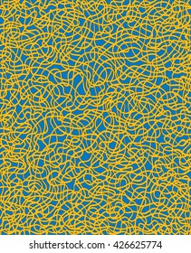 Tileable recurring confuse twisty shape with thin yellow squiggly curvy cord cable with intricate nodes. Uneven curly knitting form template surface