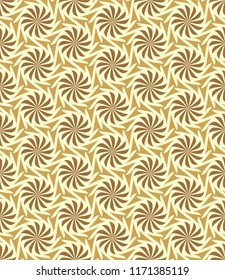 Tileable recurring op twisty shape light cream color with dark brown curve bent stripes. Retro romantic art style motive billowy airscrew form template fond. Lush field of daisy wheel