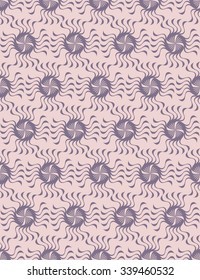 Tileable recurring op twisty shape on light puce color fond with dark violet curve bent stripes. Retro billowy form template in romantic art style. Lush daisy wheel