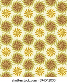 Tileable recurring op twisty shape light olive color with dark brown curve bent stripes. Retro romantic art style motive billowy airscrew form template fond. Lush field of daisy wheel