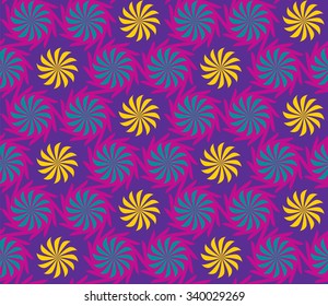 Tileable recurring op twisty sun shape bright gold color with vivid violet and cyan curve bent stripes. Retro romantic art style motive billowy airscrew form template fond. Lush field of daisy wheel