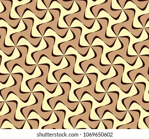 Tileable recurring sinuous warp op twisty ripply shape light creamy color with black squiggly curvy intricate nodes. Retro art style billowy wavelike line form meander template on ivory fond surface