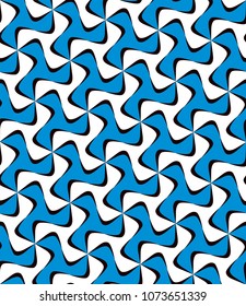 Tileable recurring sinuous warp op twisty ripply shape bright cyan color with dark black squiggly curvy ribbon with intricate nodes. Retro art style billowy wavelike form meander template fond surface