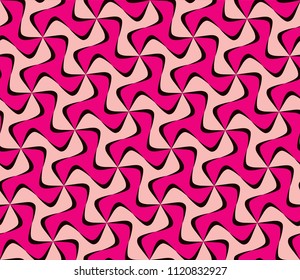 Tileable recurring sinuous warp op twisty ripply shape bright rose color with dark black squiggly curvy ribbon with intricate nodes. Retro art style billowy wavelike form meander template fond surface