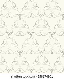 Tileable recurring sinuous warp op twisty ripply shape light beige color with dark grey squiggly curvy ribbon with intricate nodes. Retro art style billowy wavelike form meander template fond surface